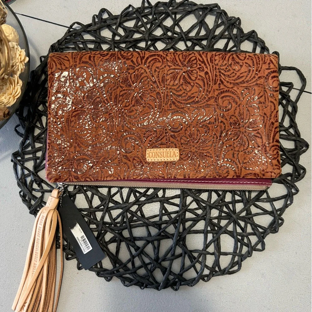 Consuela Sally Fold Over Leather Tooled Clutch